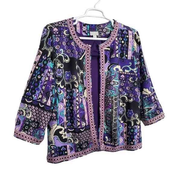 Joan Rivers Jackets & Blazers - Joan Rivers Size 2X Jacket Collarless Open Floral Lace Trim Jersey Knit Lined